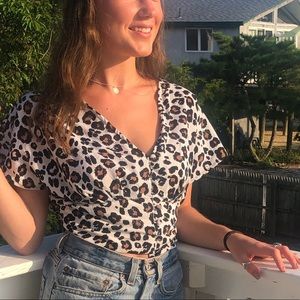 Leopard Print Plunge Blouse with Buttons